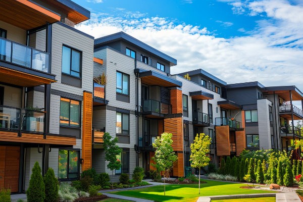 Modern apartment complex with green landscaping